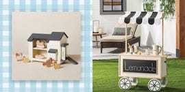 a toy chicken coop toy, a toy lemonade cart