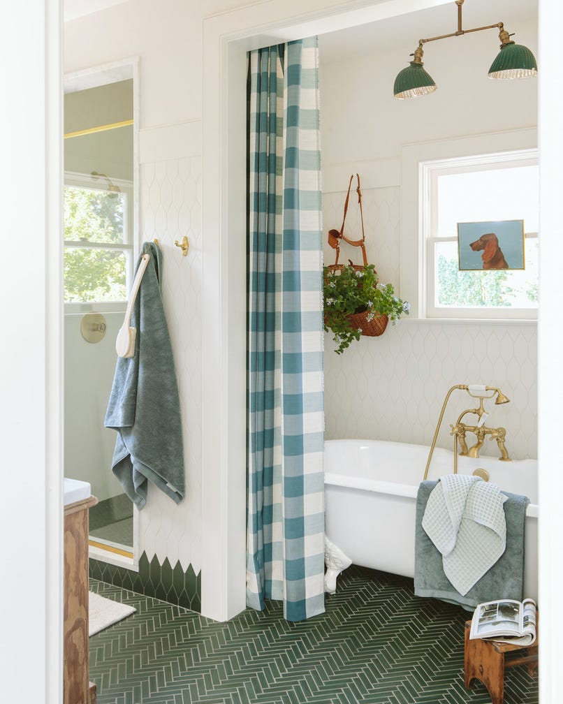 farmhouse bathroom with green floor tile