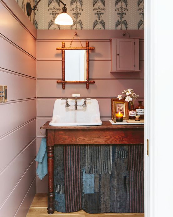 natural wood vanity in bathroom of country home