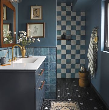 blue checkered bathroom designed by jenni yolo after