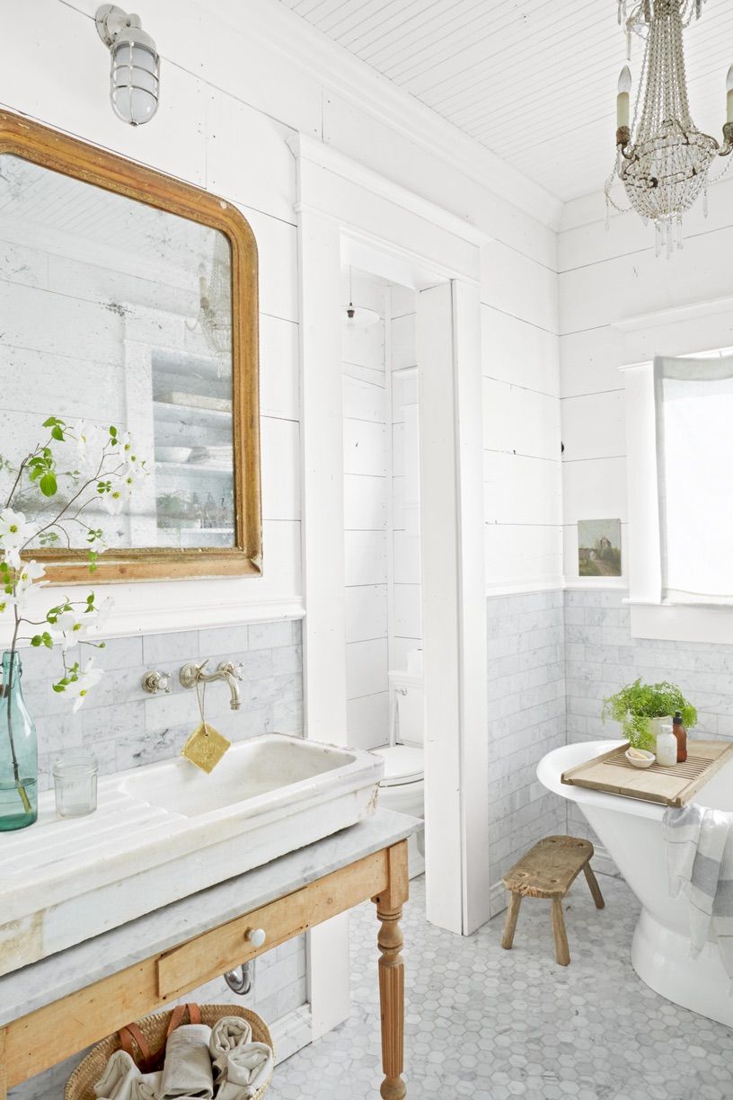 white farmhouse bathroom with light wood touches