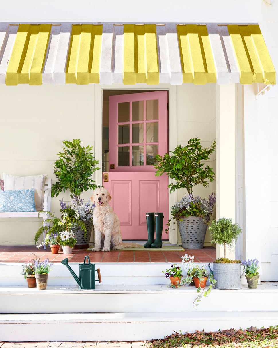 front porch with pink dutch door, potted plants, and yellow and white awning