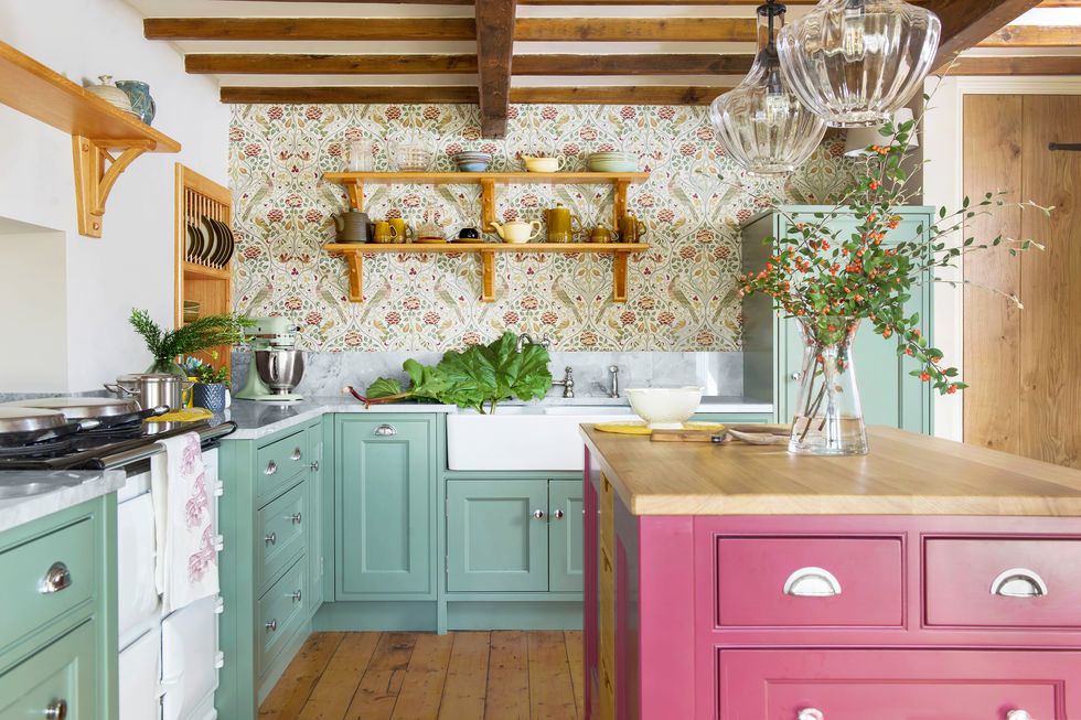 modern country style kitchen, a storybook cottage kitchen cabinet color calke green farrow ball kitchen island color radicchio farrow ball floral wallpaper
