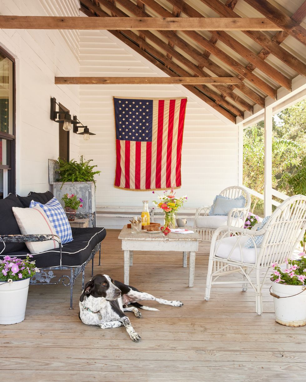 metal roof porch with a sitting area and american flag hung on the wall while a brown and white dog looks out into the yard