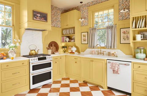 yellow british inspired farmhouse kitchen