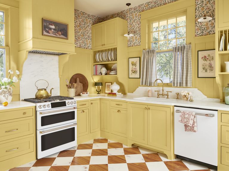 yellow british inspired farmhouse kitchen