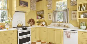 yellow british inspired farmhouse kitchen