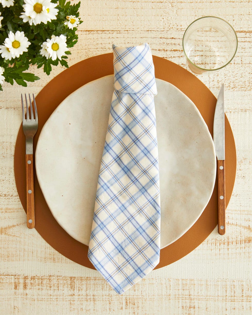 Plate with blue and white striped tie made from napkin