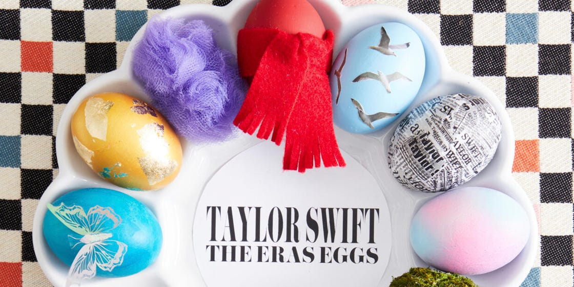 a group of easter eggs decorated for each of taylor swift's albums