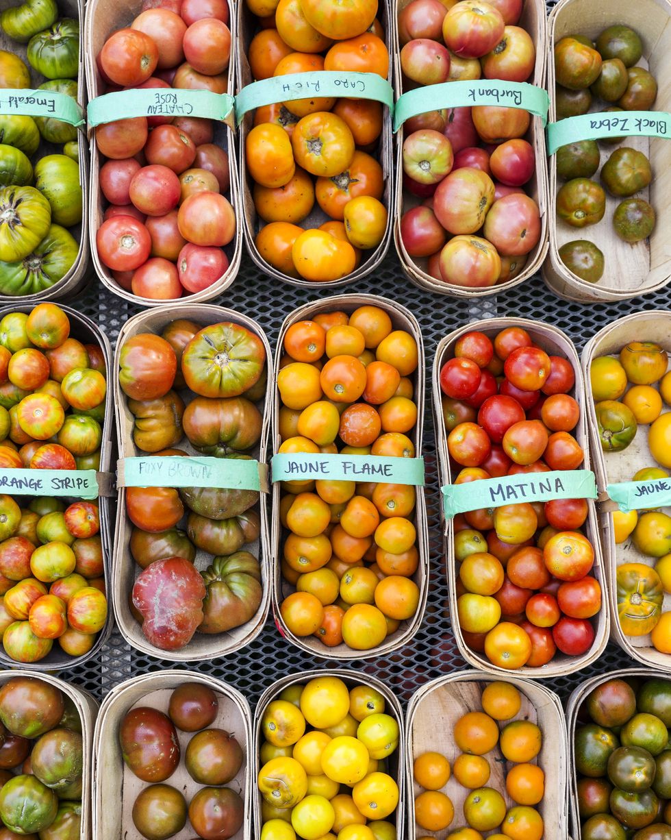 heirloom tomatoes in baskets