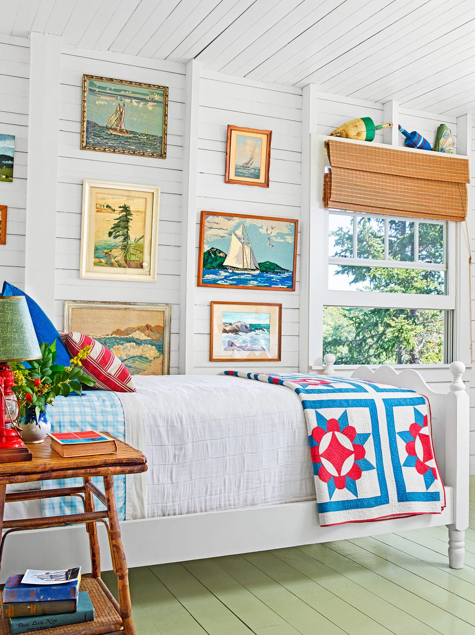 white coastal bedroom with green paint on the floor