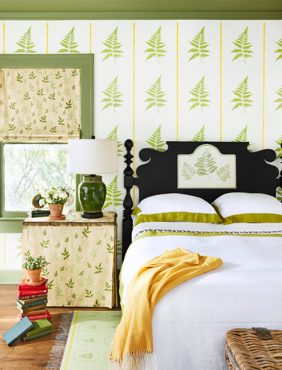 bedroom with fern stencils on the wall