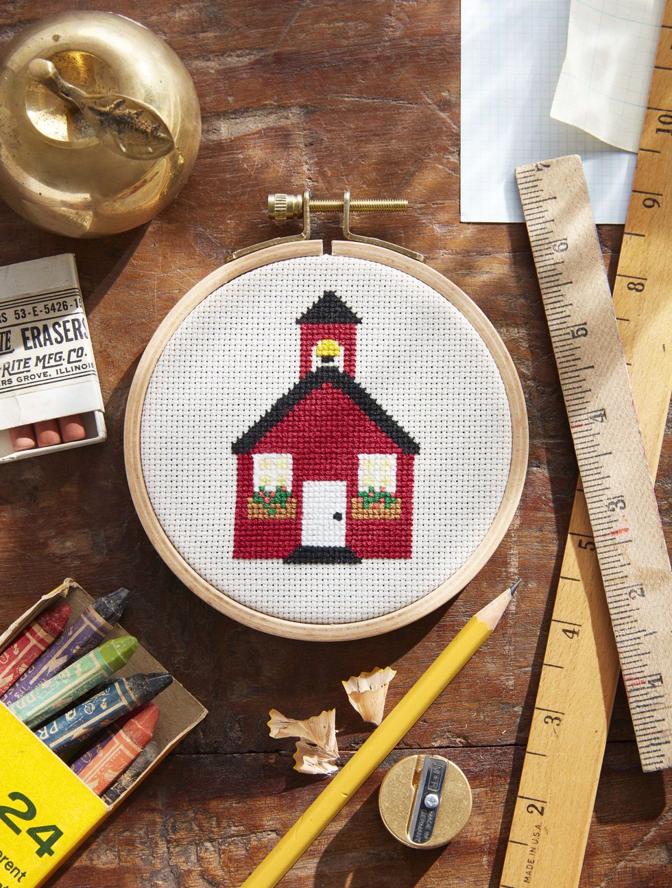 cross stitch school house