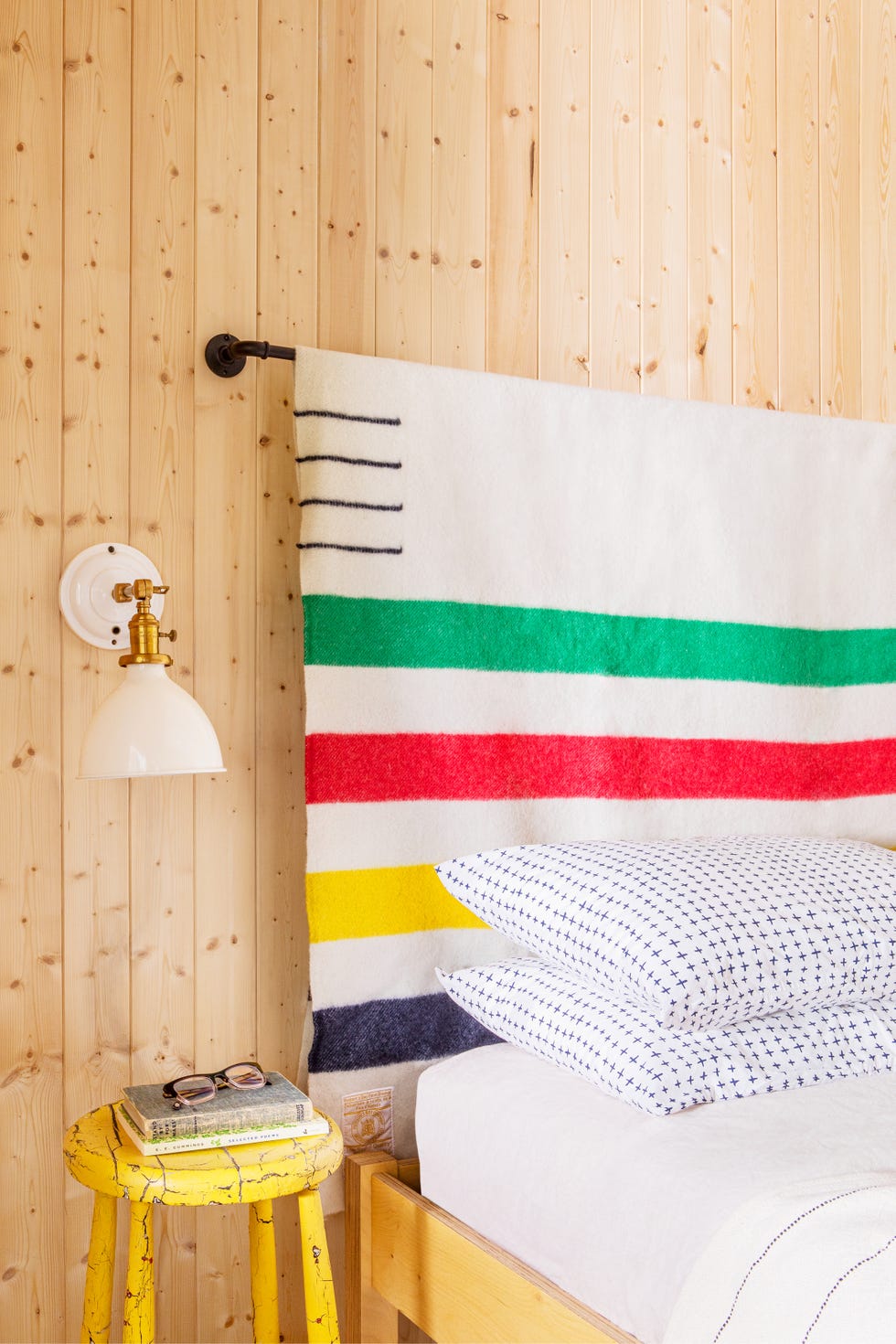 bed headboard made from hudson bay blanket