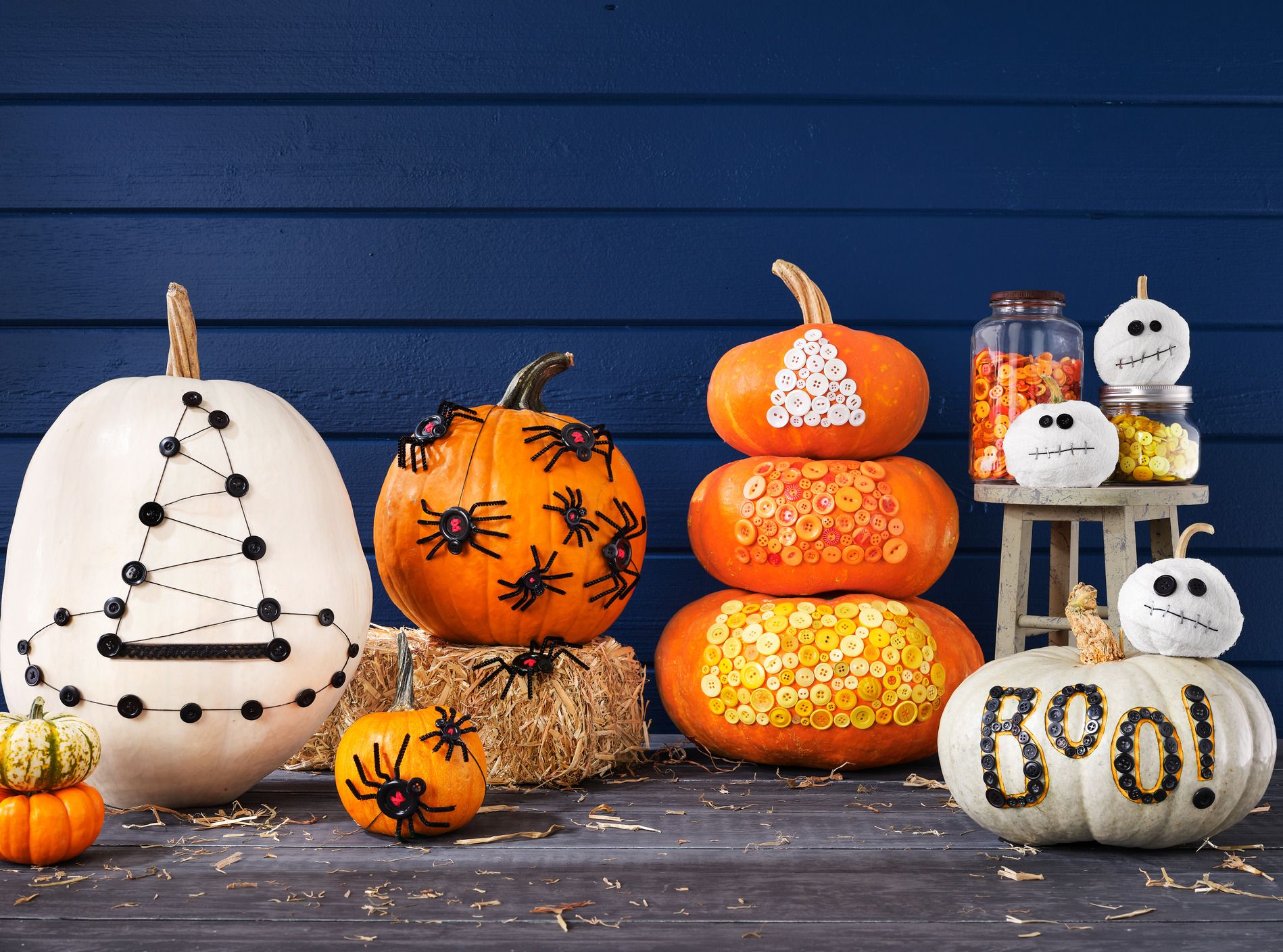 Spooky Halloween pumpkin, Jack O Lantern with Jack Skeletron from the movie  The Nightmare Before Christmas, with pumpkins lights hanging from a window  during a party Stock Photo