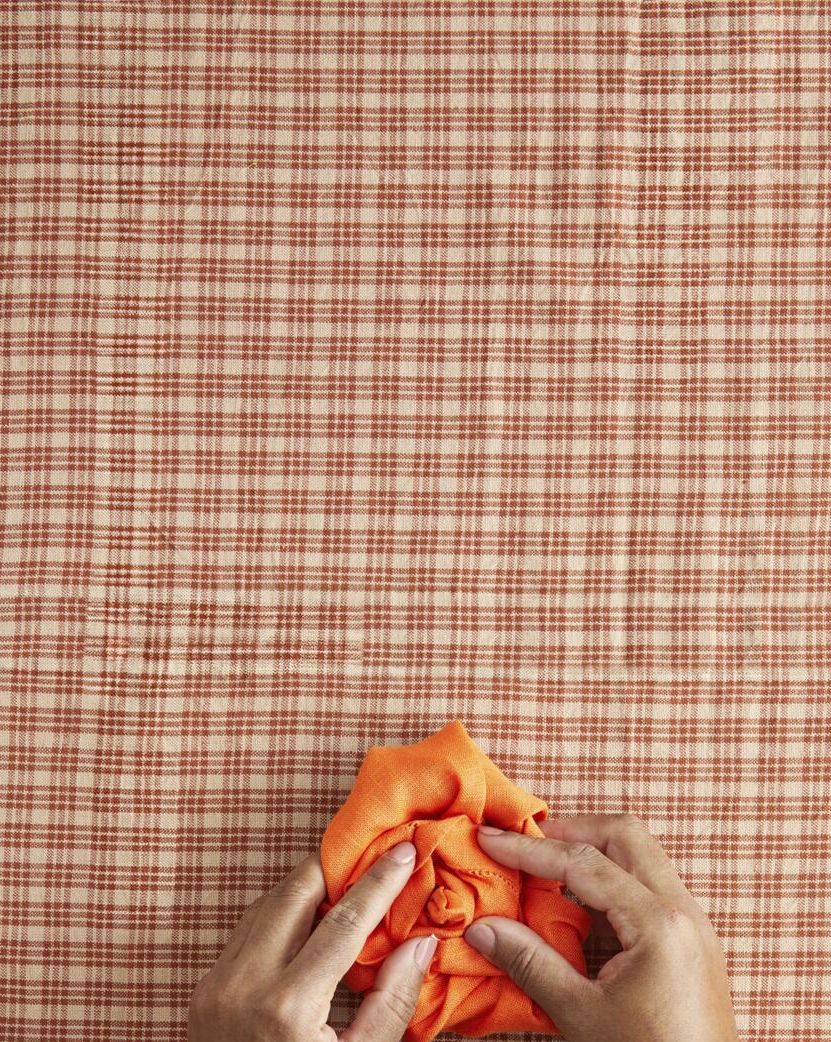 hands hold pumpkin napkin