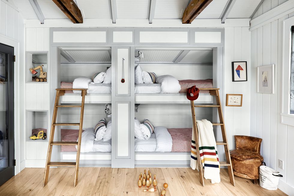 Gray and Red Bunk Room
