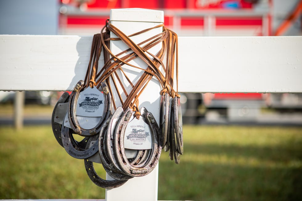 horseshoes race medals hanging on a fence post bird in hand half marathon