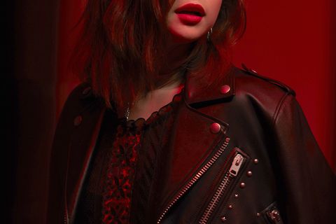Red, Eyewear, Lip, Beauty, Fashion, Leather, Red hair, Darkness, Jacket, Leather jacket, 