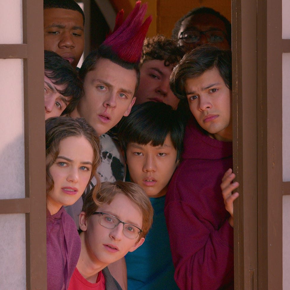 cobra kai l to r khalil everage as chris, gianni decenzo as demetri, jacob bertrand as eli 'hawk' moskowitz, aedin mincks as mitch, xolo maridueña as miguel diaz, mary mouser as samantha larusso, nathaniel oh as nate, owen morgan as bert in cobra kai cr courtesy of netflix © 2021