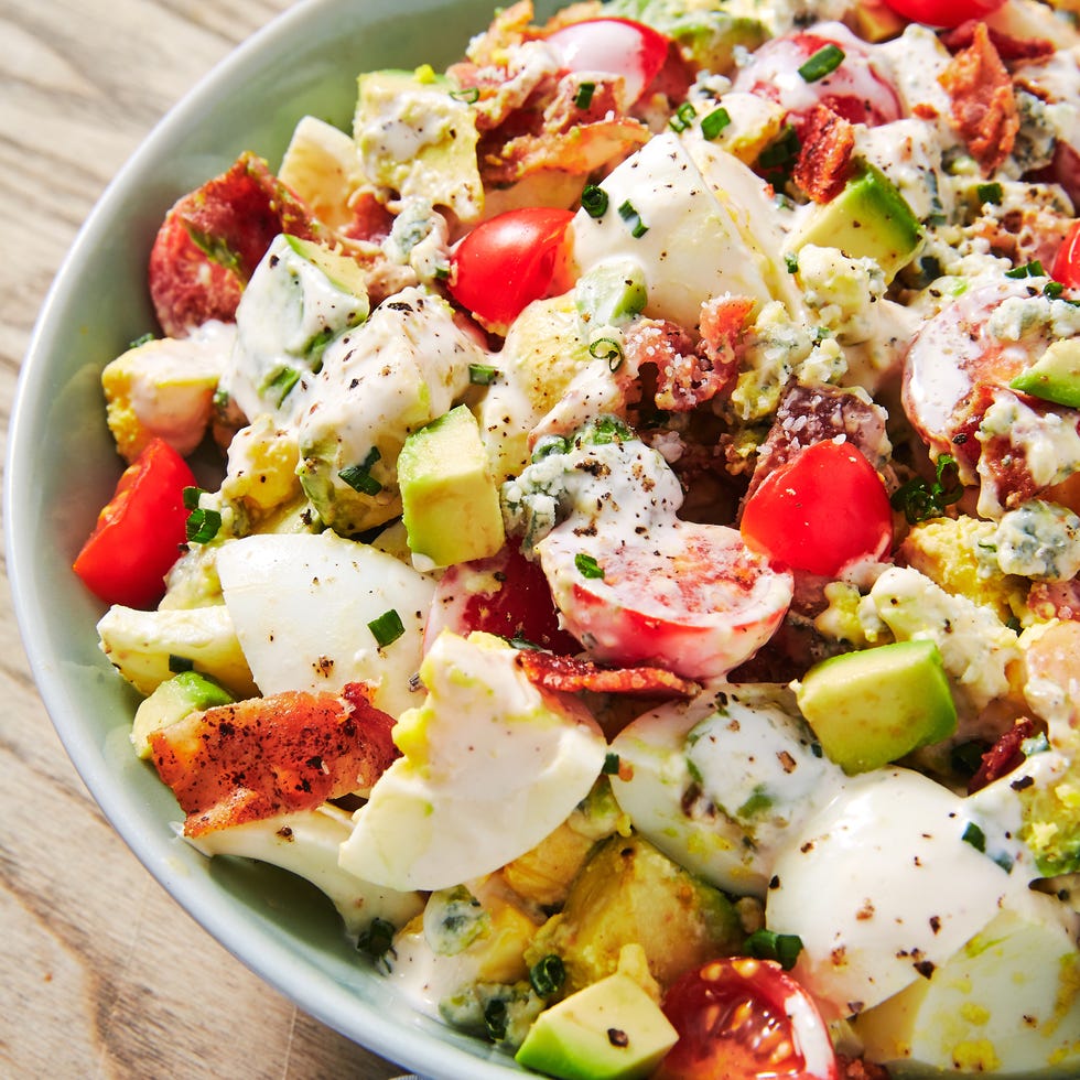 cobb egg salad with tomatoes, bacon, and avocado