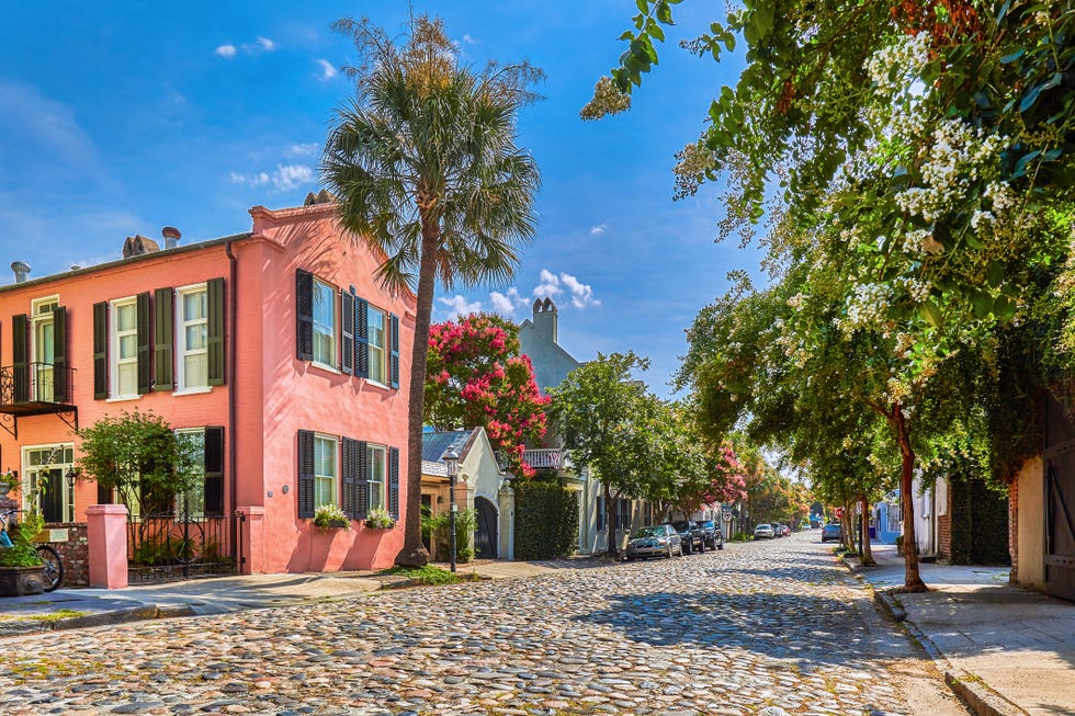 cobblestoned street and historic buildings,usa