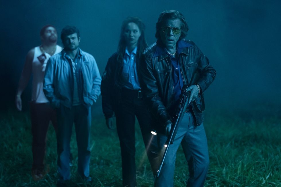 from left daveed o’shea jackson, jr, eddie alden ehrenreich, officer reba ayoola smart and syd ray liotta in cocaine bear, directed by elizabeth banks