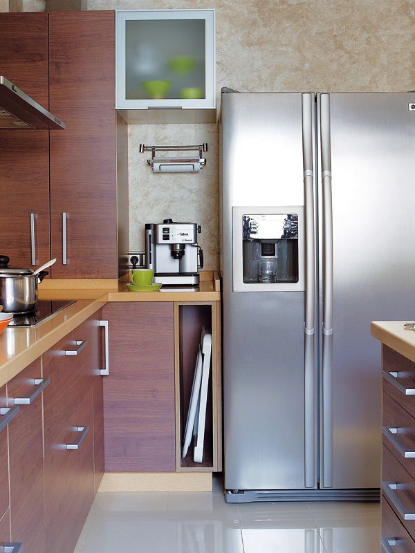 Refrigerator, Major appliance, Room, Kitchen, Countertop, Kitchen appliance, Cabinetry, Home appliance, Property, Furniture, 