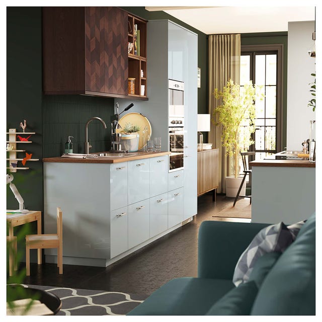 cocina abierta con ekbacken barra de cocina, marrón efecto de nogal