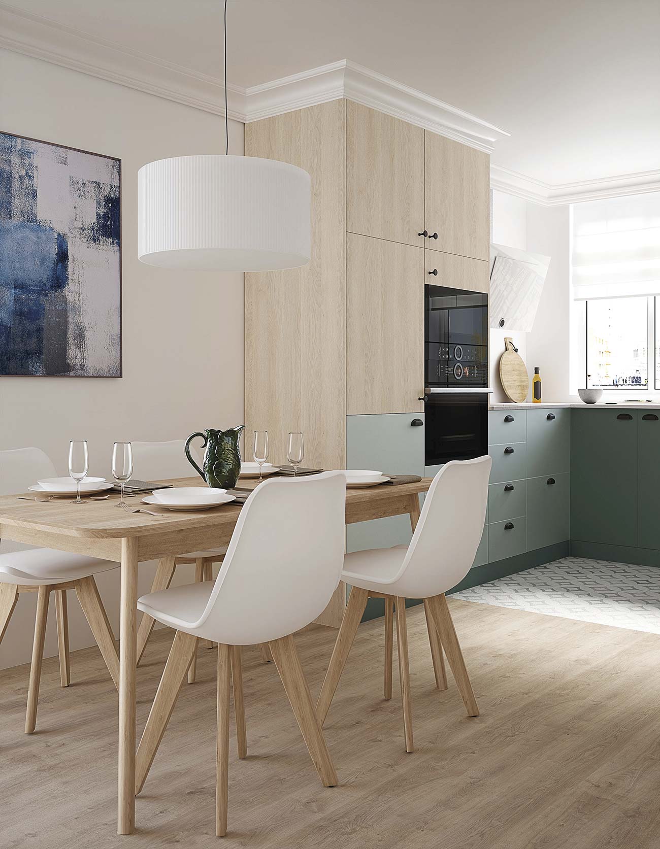 cocina con comedor en madera y verde