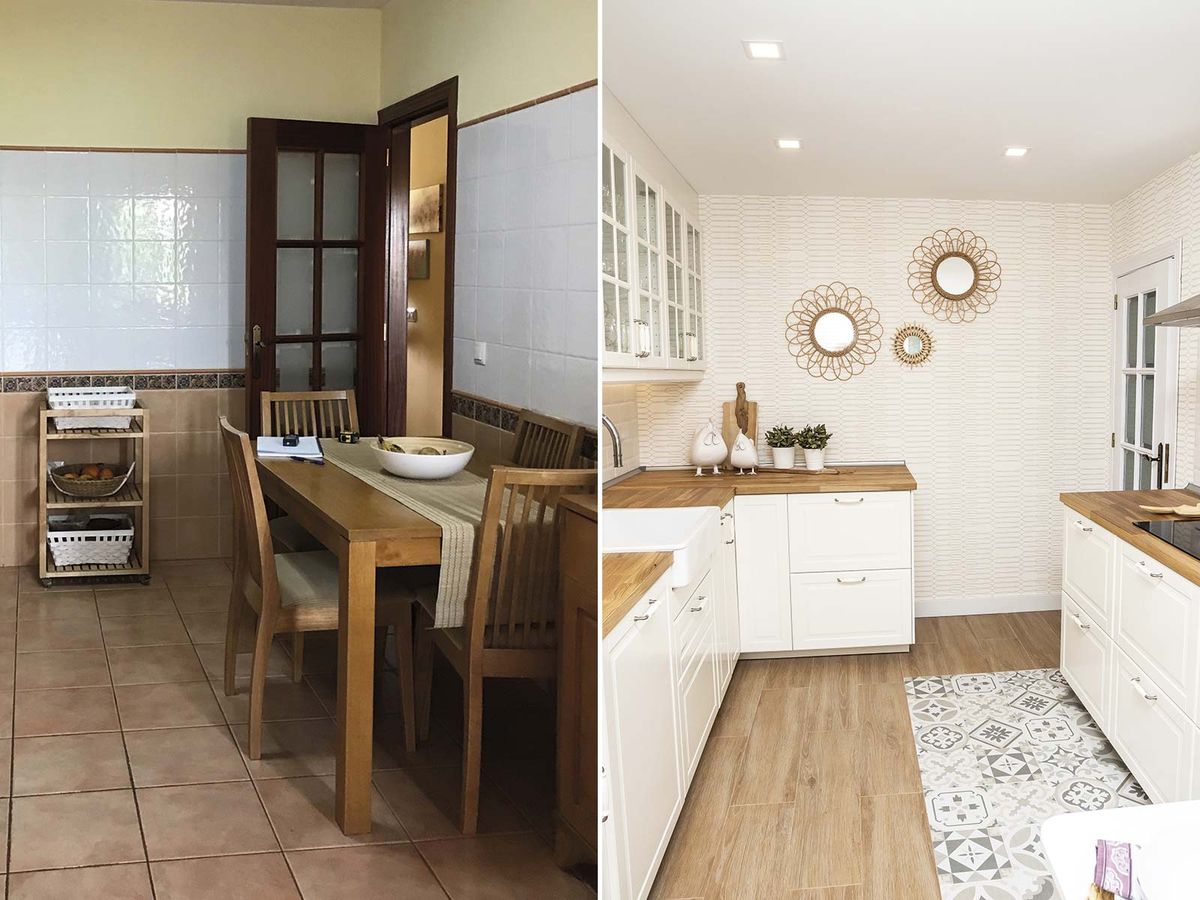 Una cocina alegre y luminosa con muebles blancos - Antes y depués