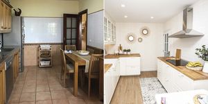 cocina con office en blanco y madera antes y después