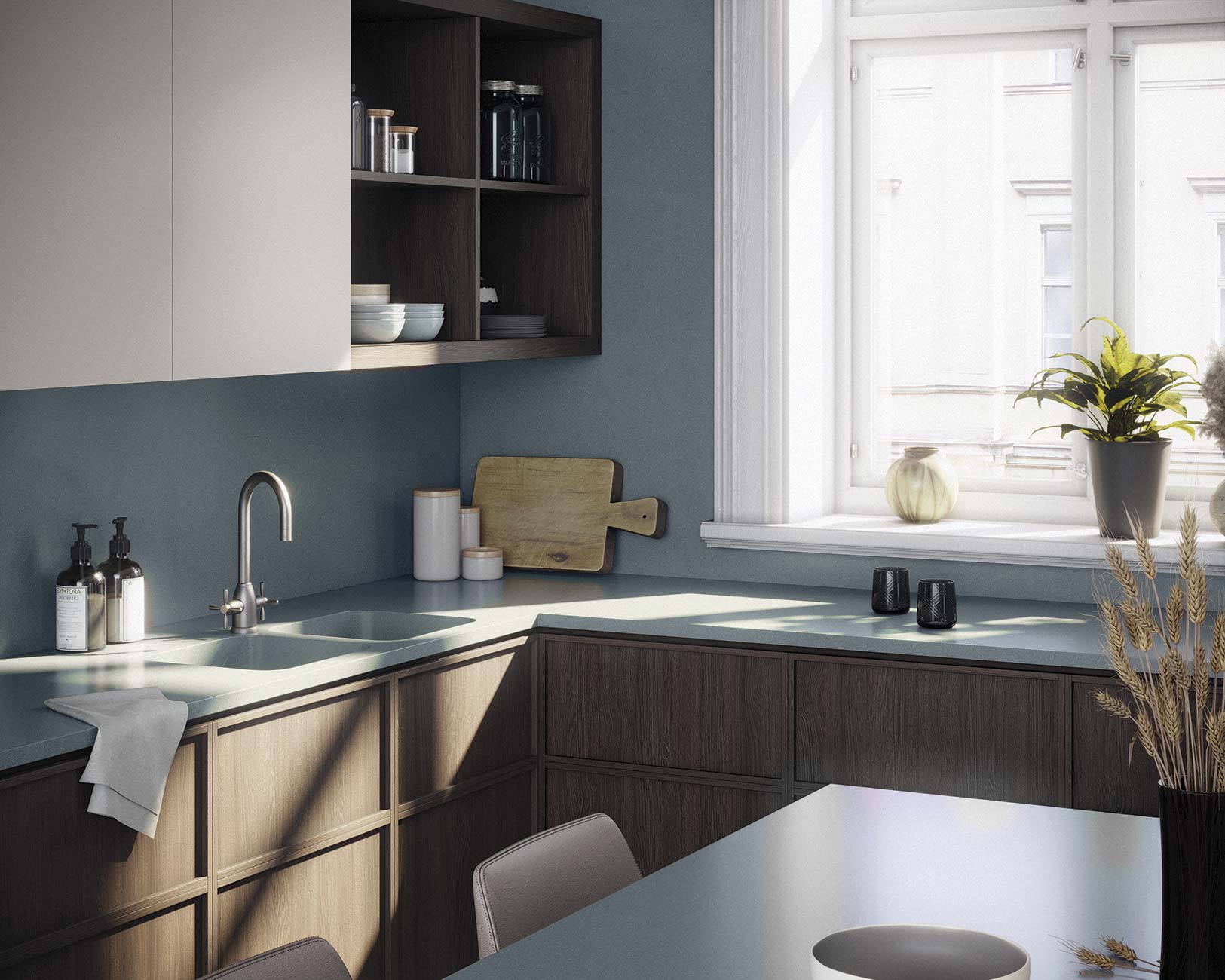 cocina moderna con encimera de color