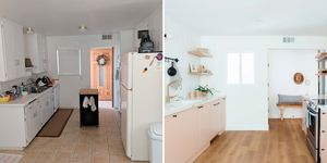 una cocina moderna en blanco y rosa antes y después