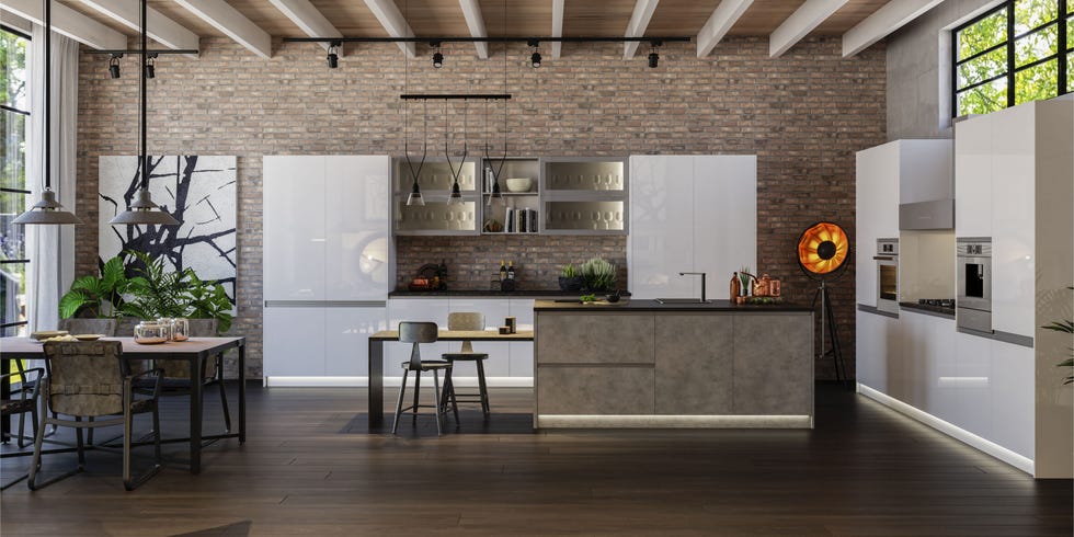 cocina con isla y office de estilo industrial