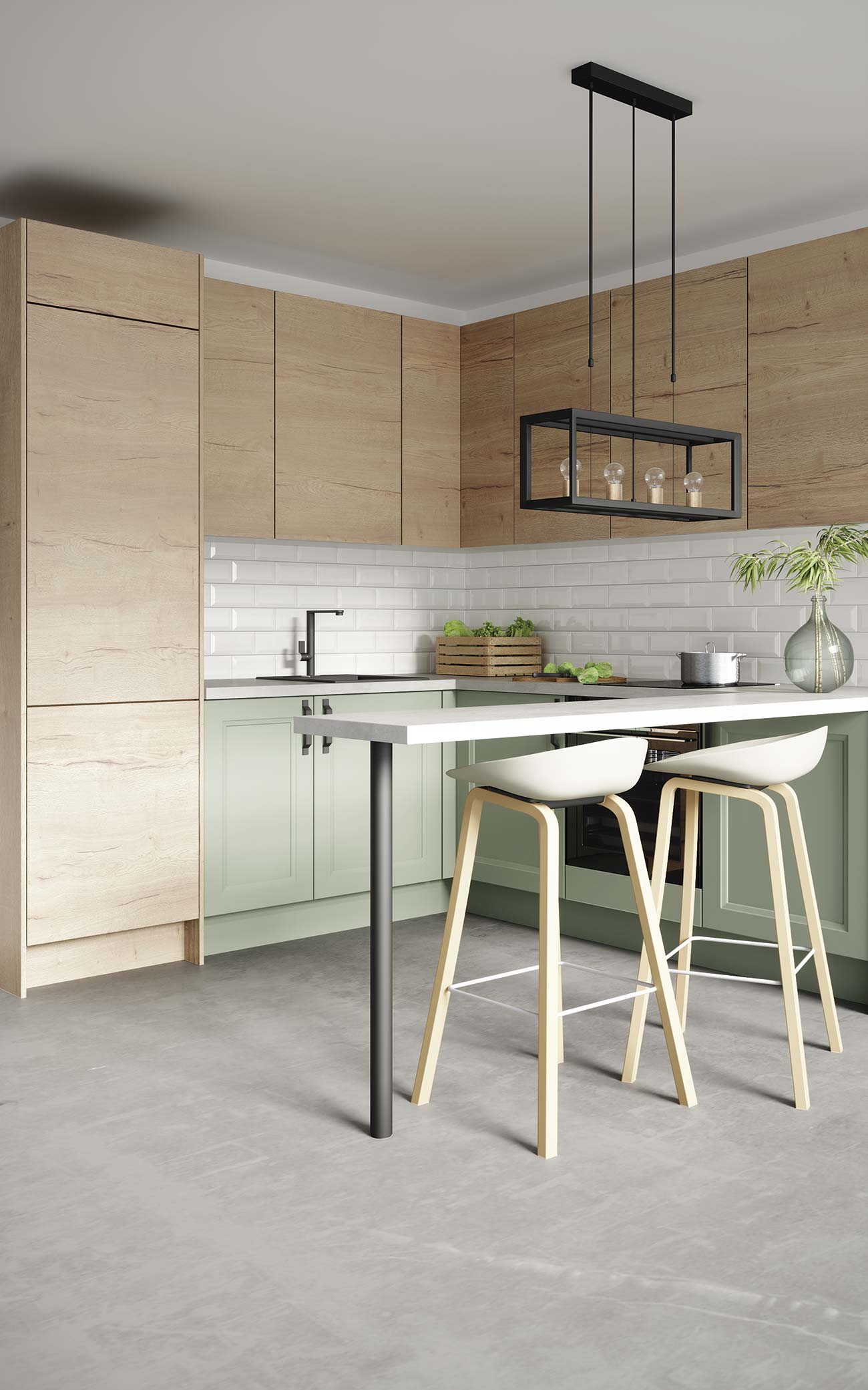 cocina moderna con muebles de madera y verde