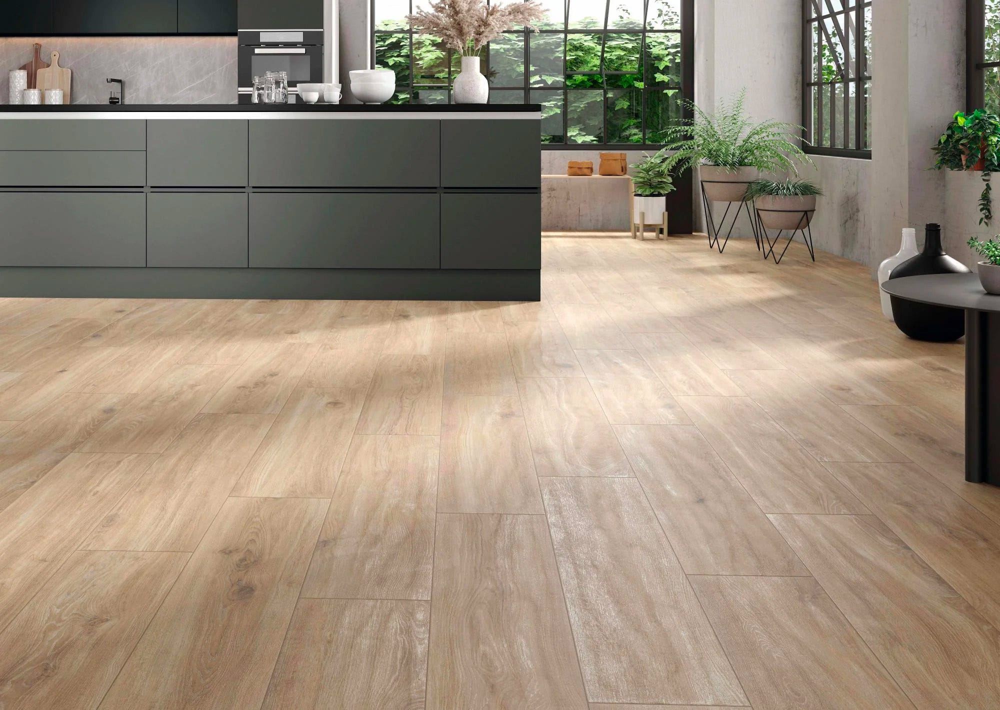 cocina verde moderna con suelo porcelánico efecto madera