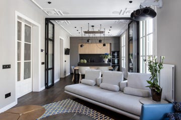 cocina social abierta al salón con acristalamiento, de houzz
