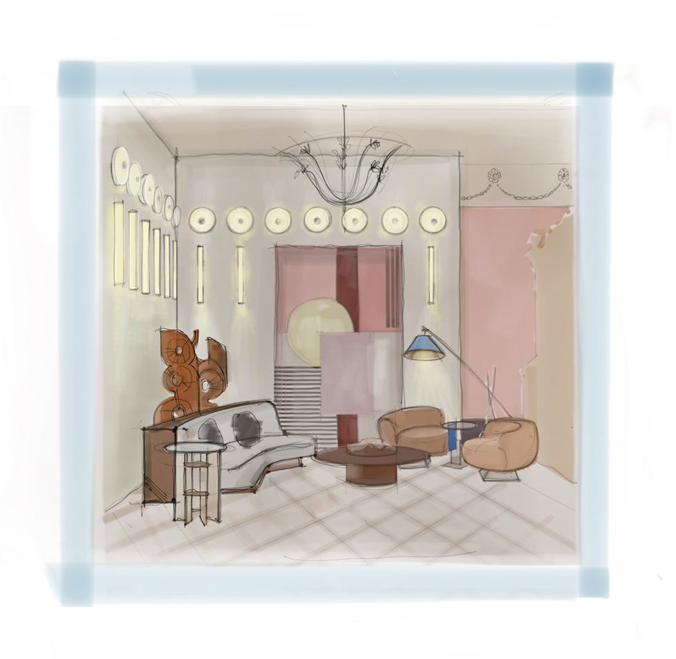 a room with a mirror and a table