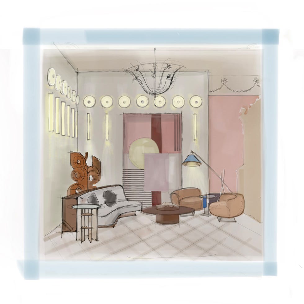 Cocktail bar sketch Artemest Apartament 2024 a room with a mirror and a table