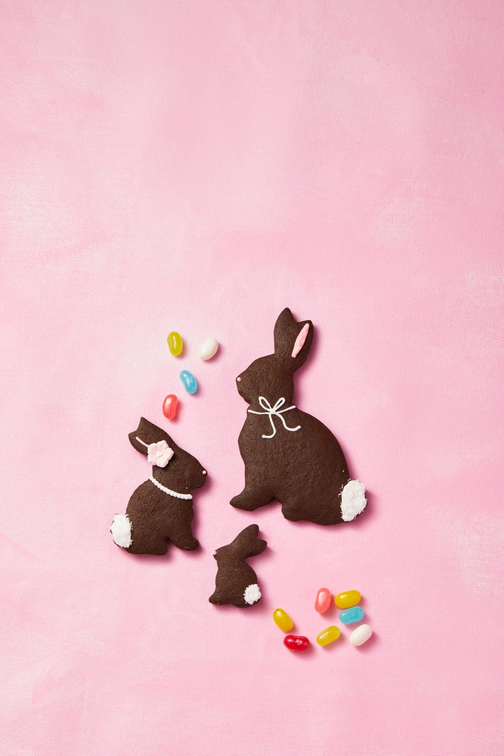 cocoa bunny cookies with colorful jelly beans