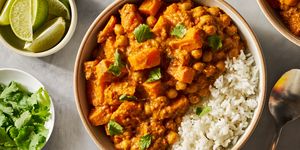 creamy coconut chickpea and sweet potato curry in a skillet
