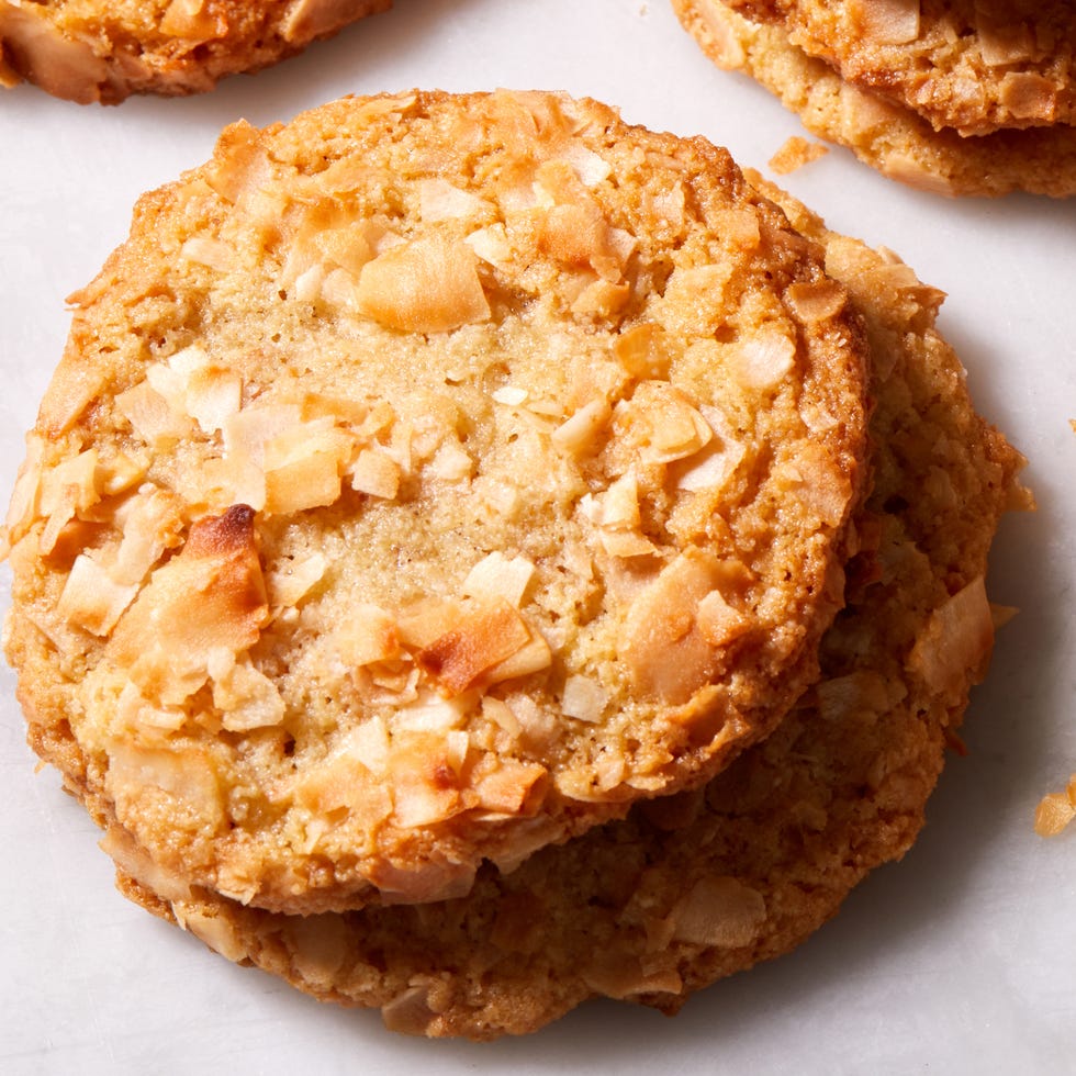 coconut cookies topped with toasted coconut chips