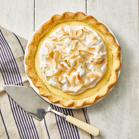 coconut cream pie with toasted coconut shavings