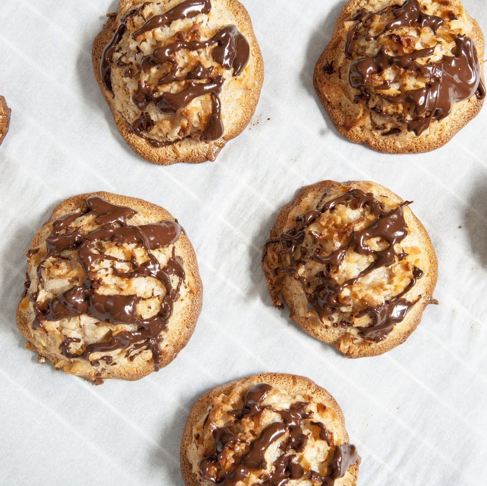coconut macaroons with chocolate drizzled on top