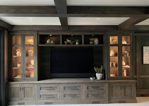 media room with wood beamed coffered ceiling