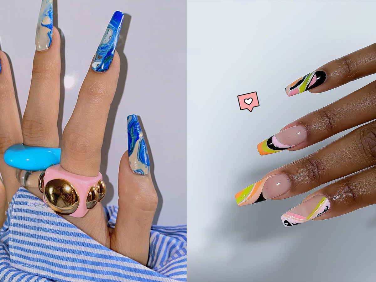 Trendy nail art, squily lines, press on coffin.