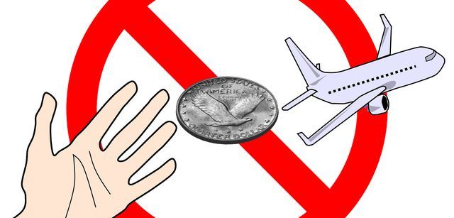 飛行機にコインを投げるイメージイラスト
