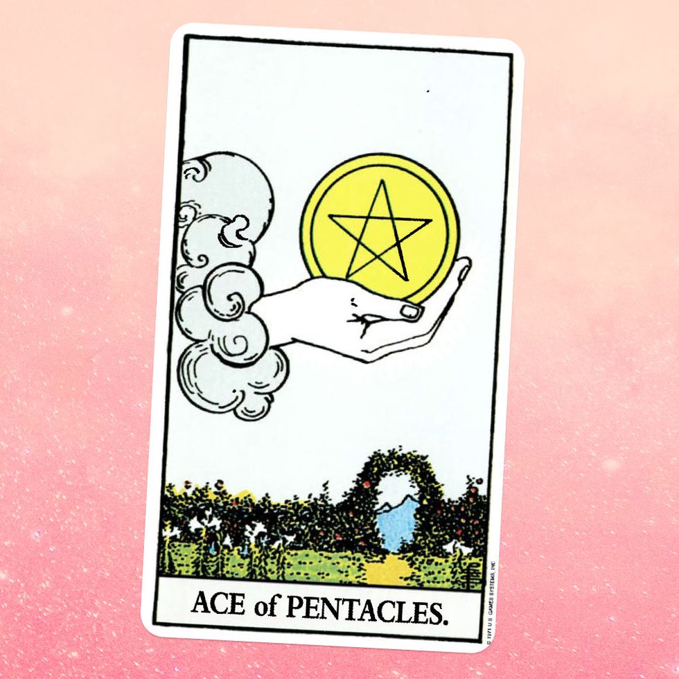 the tarot card the ace of coins, showing a giant disembodied hand reaching out from a cloud and holding a coin with a pentacle on it