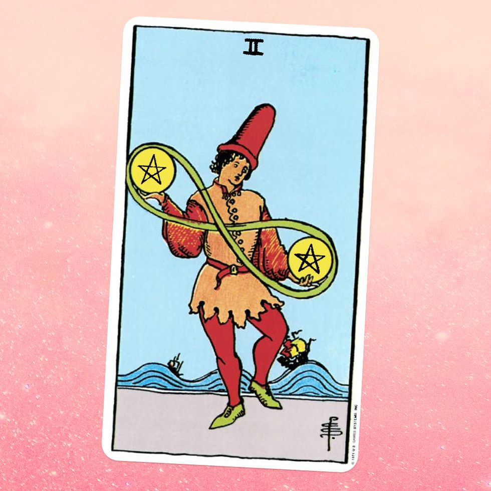 the tarot card the two of coins, showing a perosn in a short tunic and big hat holding two giant coins with a pentacle carved into them, one in each hand